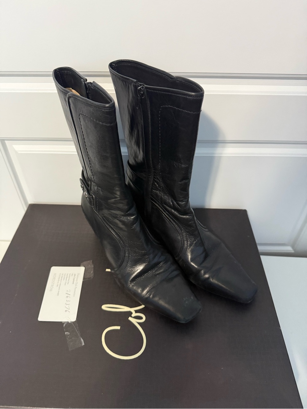 Cole Haan Black Leather Mid-Calf Pointed-Toe Heeled Boots